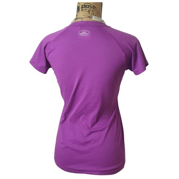 Under Armour Womens V-Neck T-Shirt XS Purple HeatGear Semi-Fitted Run Athletic - Picture 3 of 6